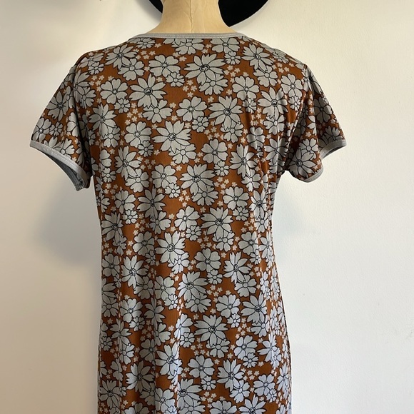 Retro Floral Nightgown PJ Boho Med Brown Maxi Stretch Dress Hippie VTG Artsy - Picture 9 of 14
